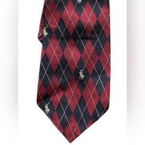 VINTAGE Polo Ralph Lauren Burgundy & Navy Argyle Silk Tie with Gold Pony